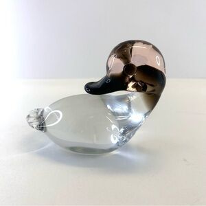 Art Glass Duck Bird Hand Blown Purple Head Clear Base Paperweight Vintage
